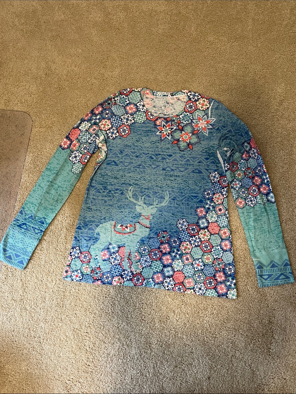 Blue Floral Reindeer Long Sleeve Top